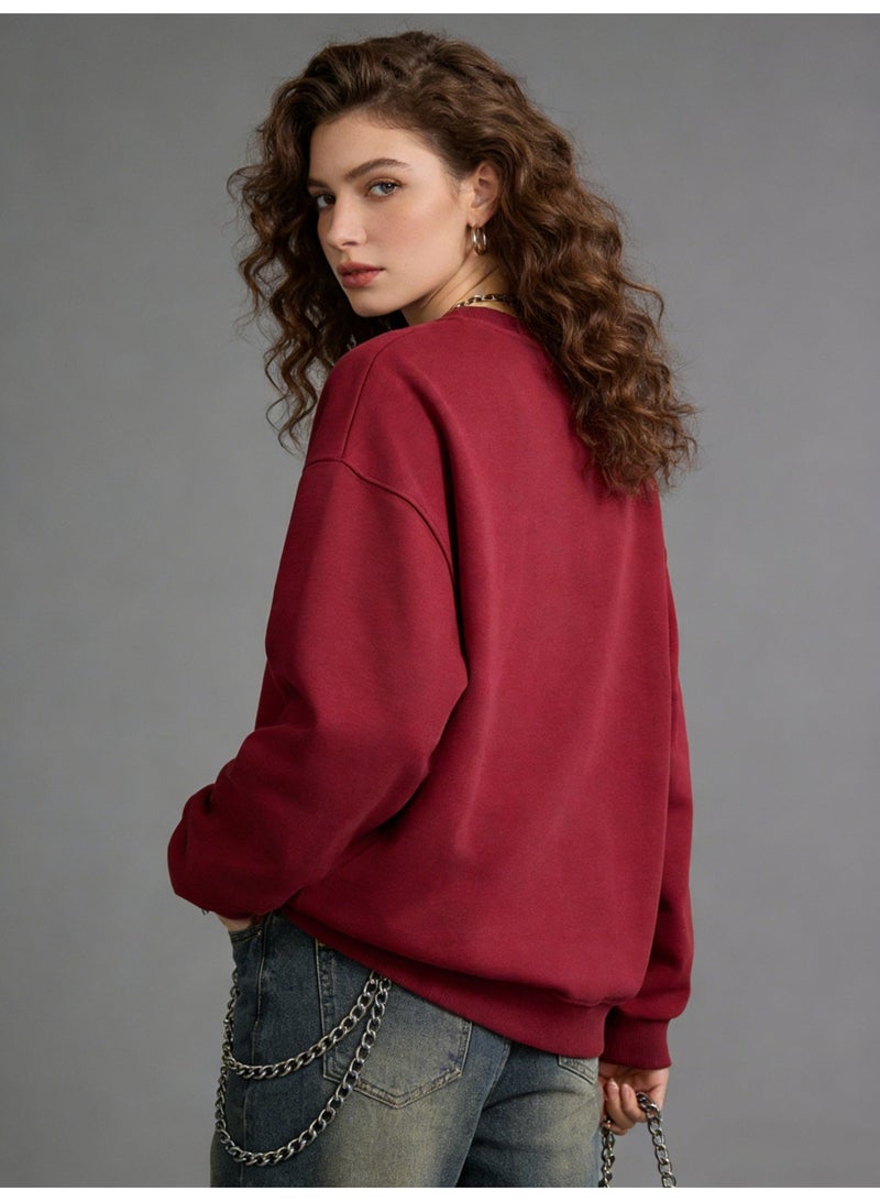 بيإم إنس BM INS Burgundy "brooklyn" Retro Letter Oversized Crew Neck Sweatshirt | Unisex Pullover With "NEW YORK CITY" Slogan - Image 2